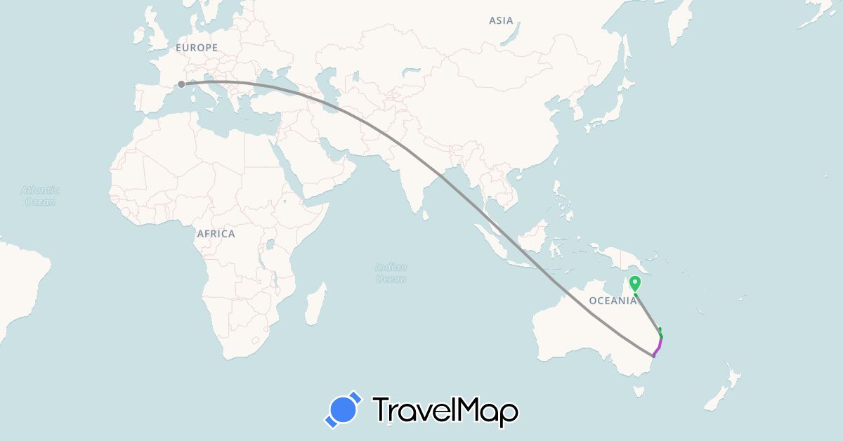 TravelMap itinerary: driving, bus, plane, train in Australia, France (Europe, Oceania)